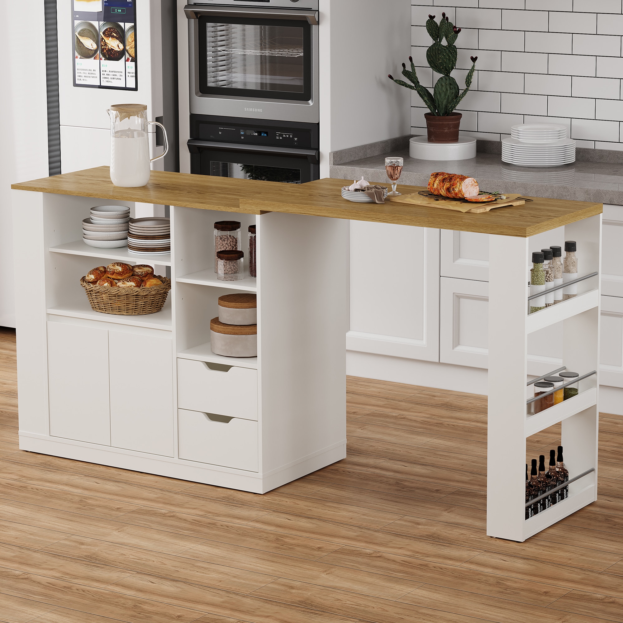 Kitchen Island With Storage, Extendable & Rotatable Kitchen Prep Table With 3 Side Shelves And 2 Drawers, Kitchen Shelf Bar Table, Wood Buffet Sideboard Cabinet For Dining Room, White_voghion.com